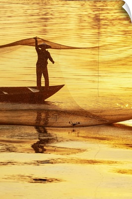 Fisherman Working On The Nets At Sunrise, Thu Bon River, Quang Nam Province, Vietnam
