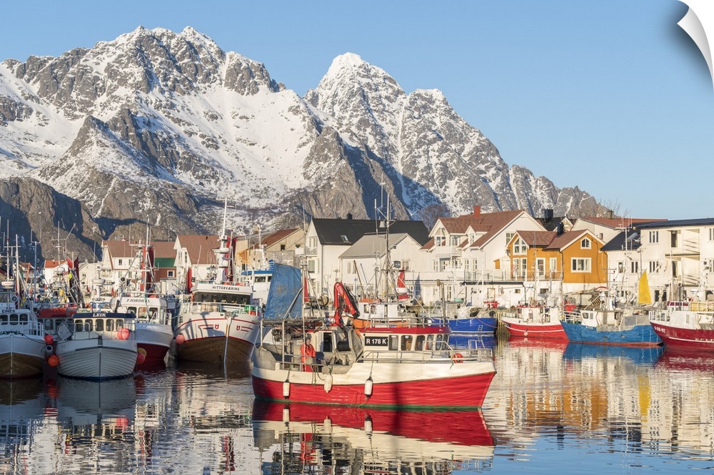 Fishing boats in the harbour, with snowcapped mountains in the background. Henningsvaer, Nordland county, Northern Norway ...