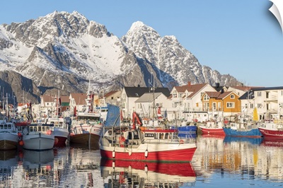 Fishing Boats In The Harbour, Snowcapped Mountains, Henningsvaer, Nordland Cnty, Norway