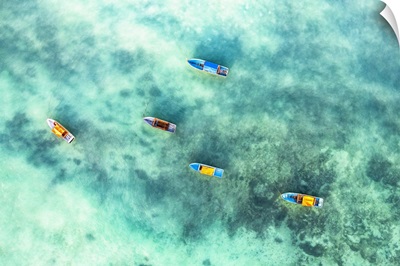 Fishing Boats Moored In The Exotic Lagoon, Overhead View, Zanzibar, Tanzania