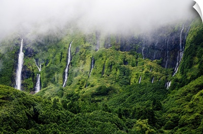 Flores, Azores Islands, Portugal, PooO Ribeira Do Ferreiro Waterfalls, Aerial View