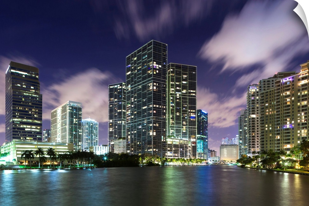 USA, Florida, Miami, city skyline from Brickell Key, evening