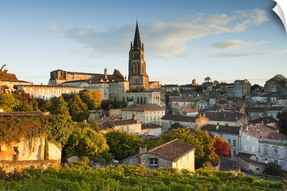 France, Aquitaine Region, Gironde Department, St-Emilion, wine town, town view with Eglise Monolithe church, monring
