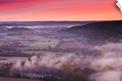 France, Dordogne, Dordogne River Valley in fog from the Belvedere de la Barre