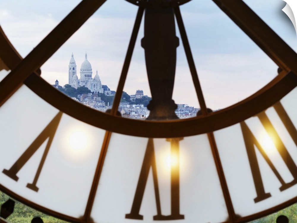 France, Paris, Musee d'orsay, Giant ornamental clock and Basilique Du Sacre Coeur
