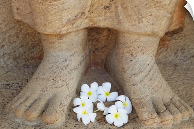 Frangipani flowers at feet of statue of Parakramabahu, Polonnaruwa, Sri Lanka