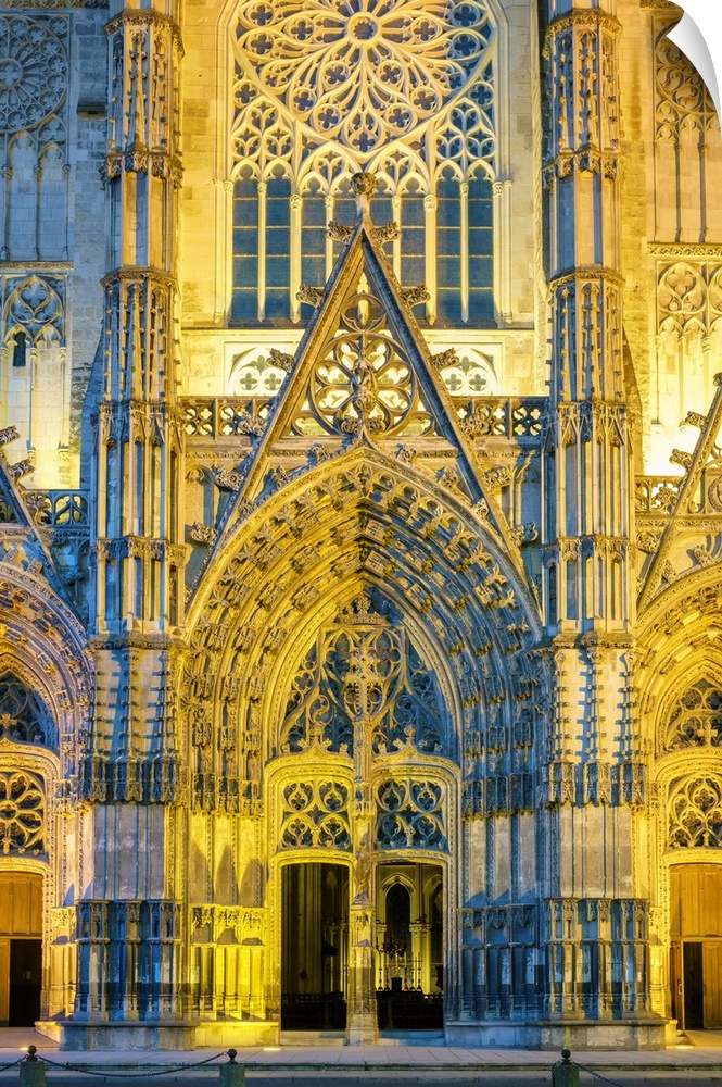 Front facade of Cathedrale Saint-Gatien cathedral at night, Tours, Indre-et-Loire, Centre, France.