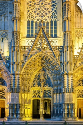 Front Facade Of Cathedrale Saint-Gatien Cathedral At Night, Indre-Et-Loire, France