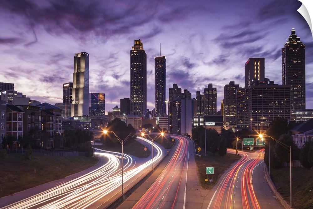 USA, Georgia, Atlanta, city skyline from Interstate 20, dusk