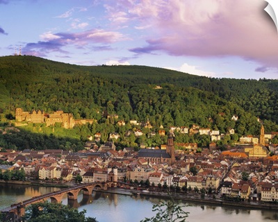 Germany, Bavaria, Heidelberg, Overview of Alte Brucke and the River Neckar