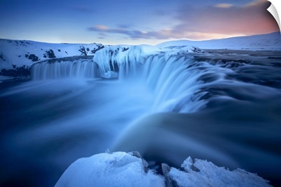 Godafoss Waterfall During A Cold Sunset In Winter, Nordurland, Iceland