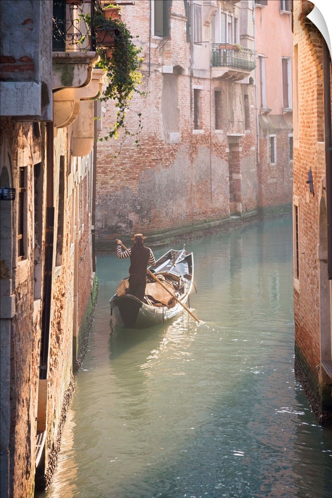 Gondola And Gondolier In A Small Venetian Canal, Venice, Veneto, Italy