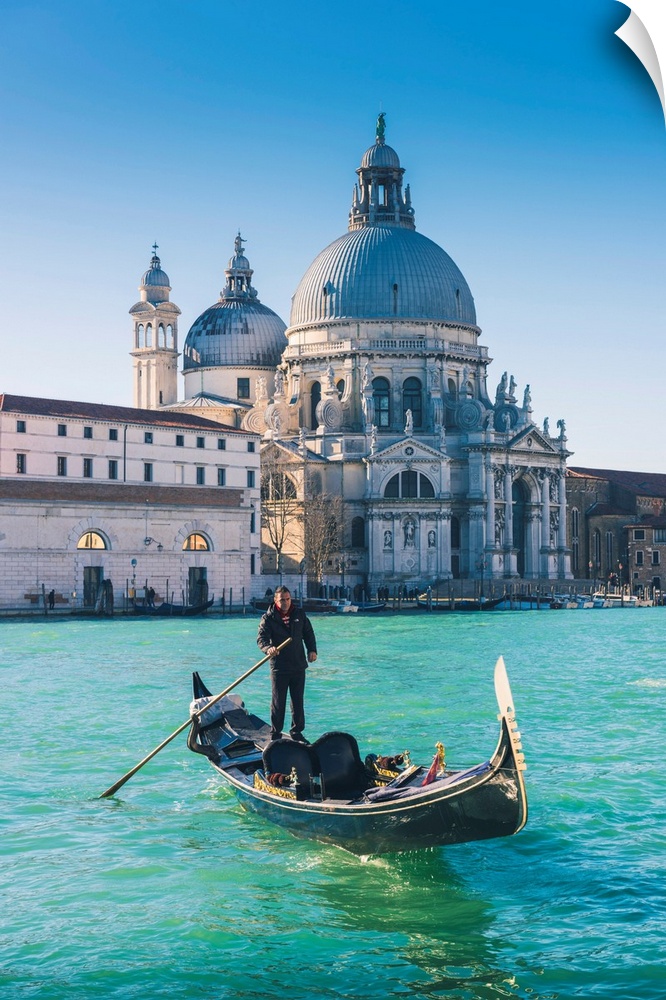Venice, Veneto, Italy. Gondola Over The Grand Canal With The Salute (St Mary Of Health) Basilica In The Background.