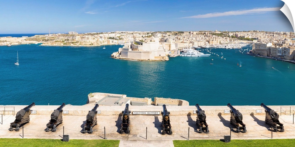 Malta, South Eastern Region, Valletta. The view across Grand Harbour to  the Three Cities from the Saluting Battery at Upp...