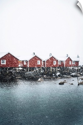 Hamnoy Village With Snowflakes, Reine Bay, Lofoten Islands, Nordland, Norway