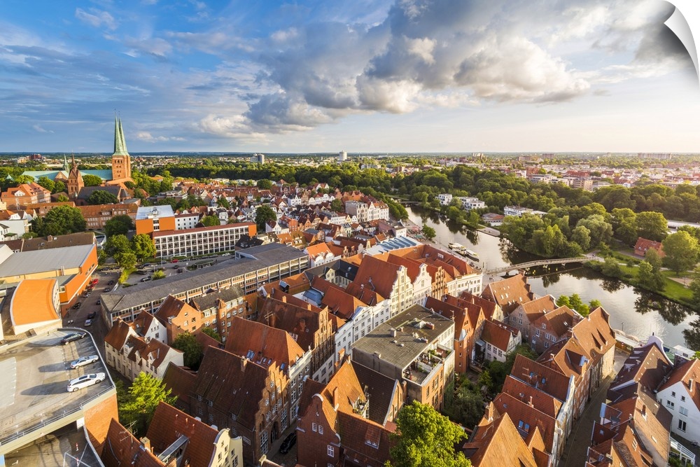 Lubeck, Baltic coast, Schleswig-Holstein, Germany. High angle view over the old town and Trave river.