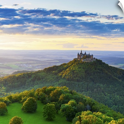 Hohenzollern Castle and countryside at sunset, Swabia, Baden Wuerttemberg, Germany