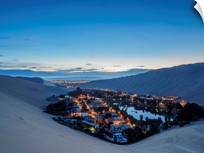 Huacachina Oasis at twilight, elevated view, Ica Region, Peru