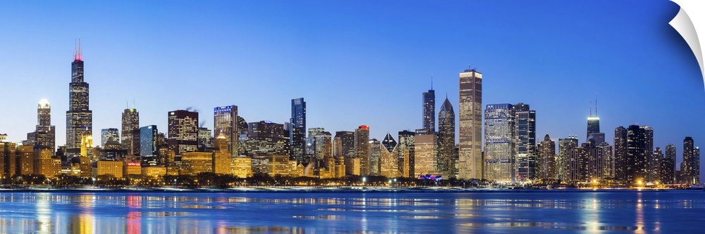 USA, Illinois, Chicago. The City Skyline and a frozen Lake Michigan.