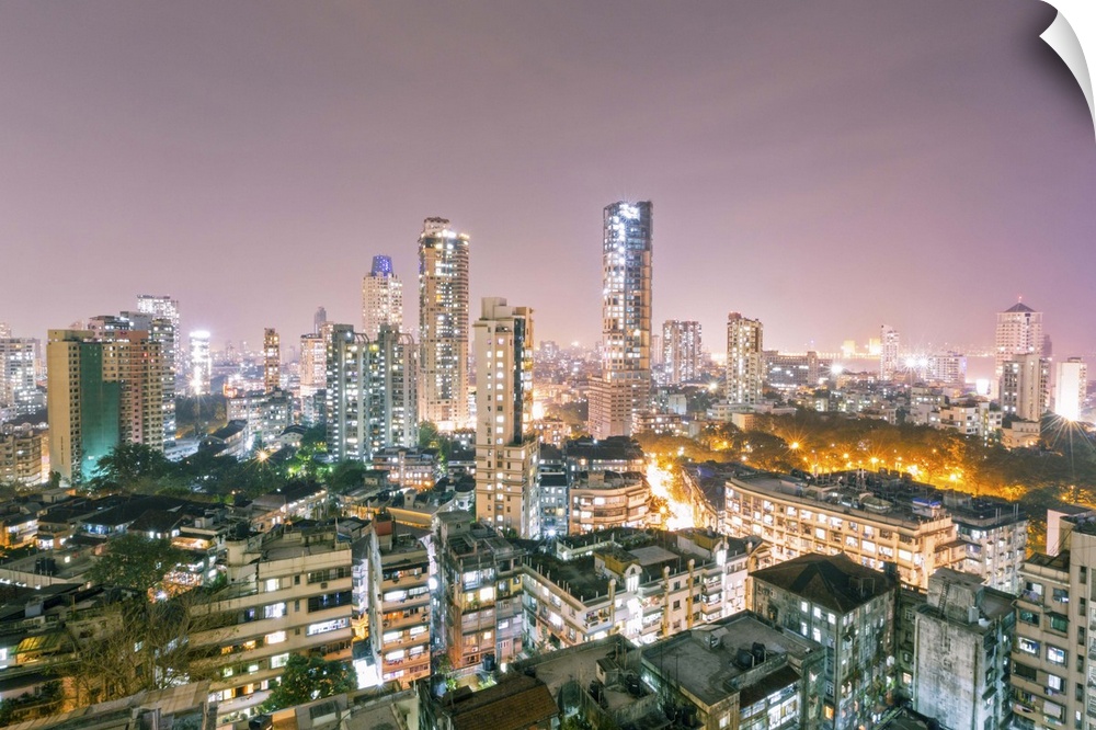 India, Maharashtra, Mumbai, view of the city of Mumbai city centre at night from Kemp's Corner
