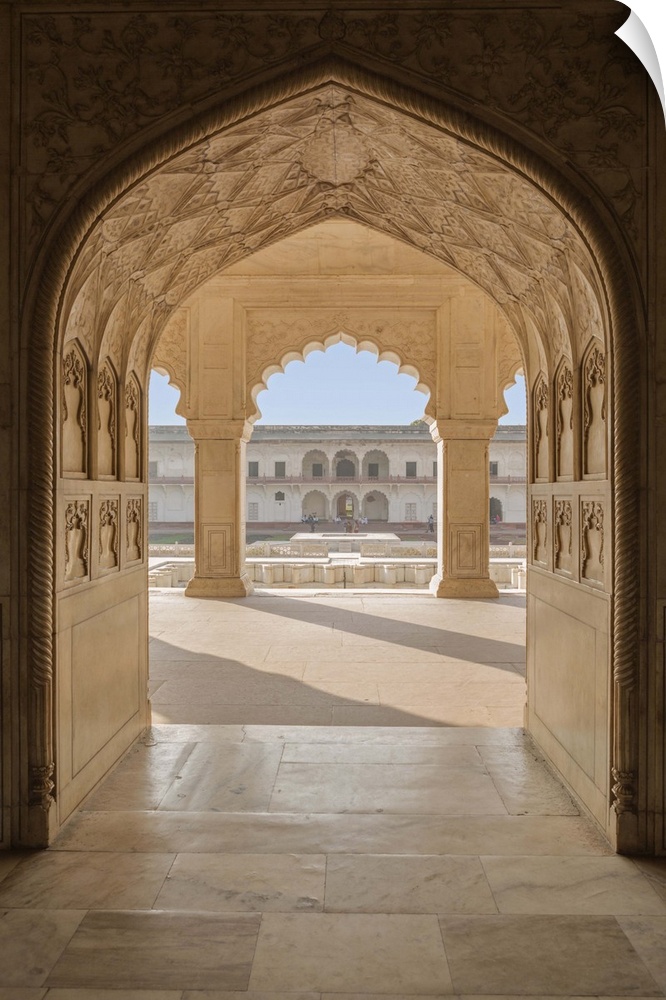 India, Uttar Pradesh, Agra, Agra Fort, view of the Anguri Bagh gardens from the interior of the Diwan-e-Khas (hall of priv...