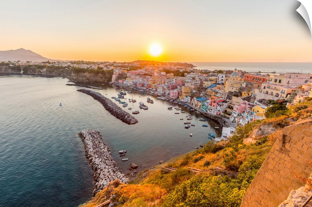 Italy, Campania, Province Of Naples, Procida. Sunset At Marina Di Corricella