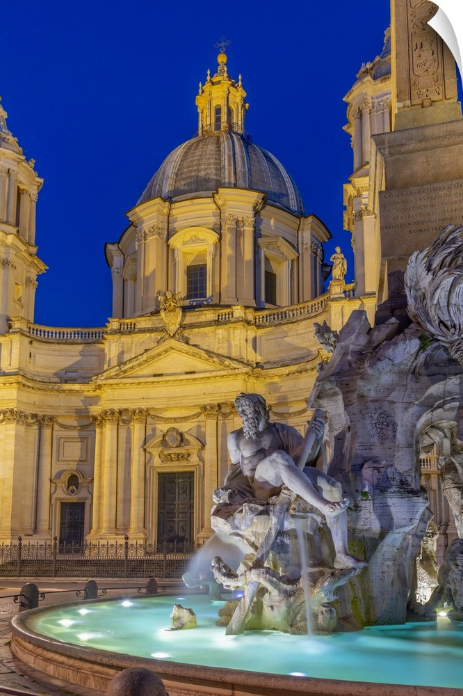 Italy, Lazio, Rome, Parione, Piazza Navona, Fontana dei Quattro Fiumi, Fountain of the Four Rivers, River God Ganges.