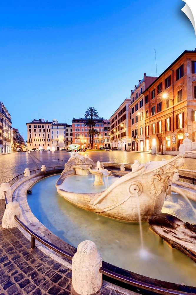 Italy, Rome, Spagna Square with Trinit dei Monti and Barcaccia fountain by night