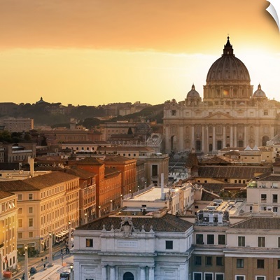 Italy, Rome, St. Peter Basilica and Via della Conciliazione elevated view at sunset