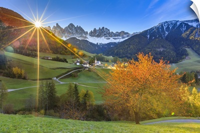 Italy, Val di Funes and Santa Magdalena town with Puez Odle Dolomites