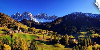 Italy, Val di Funes and Santa Magdalena town with Puez Odle Dolomites
