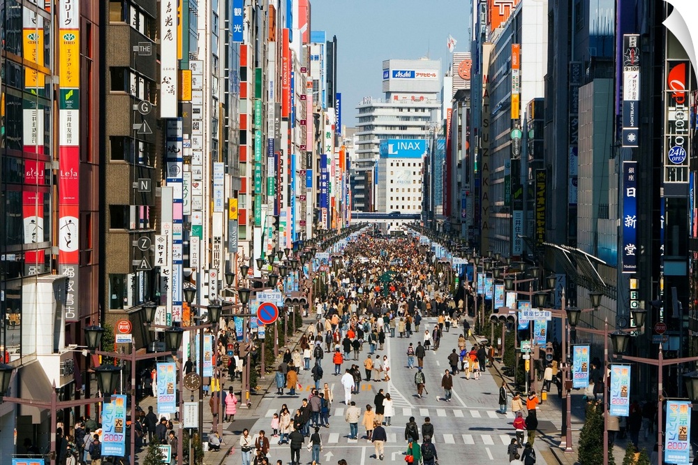 Asia, Japan, Honshu, Tokyo, Ginza, elevated view along Chuo-dori, the most fashionable shopping street in Tokyo