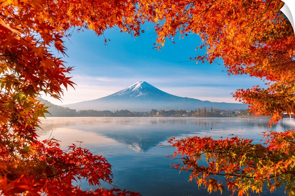 Lake Kawaguchi and Mt Fuji framed by red maple leaves in autumn, Yamanashi Prefecture, Japan.
