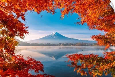 Lake Kawaguchi And Mt Fuji Framed By Maple Leaves, Autumn, Yamanashi Prefecture, Japan
