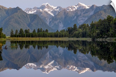 Lake Matheson With View To Mount Cook And Mount Tasman, South Island, New Zealand
