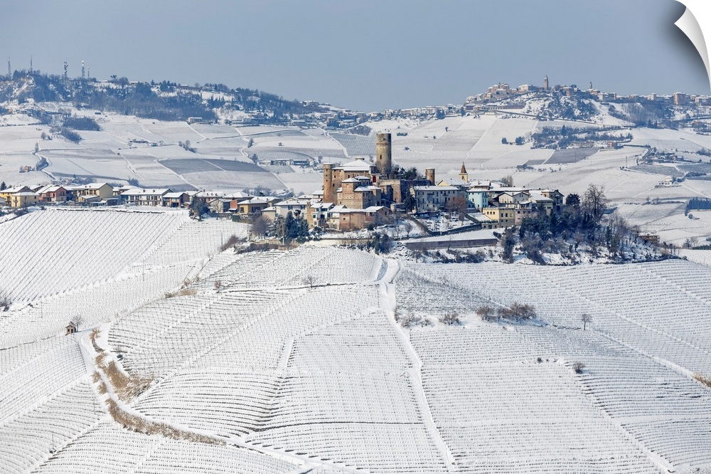 Langhe, Cuneo District, Piedmont, Italy. Langhe Wine Region Winter Snow, Castiglione Falletto Castle