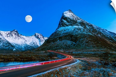 Light Trails And Full Moon, Finnbyen, Lofoten Islands, Norway