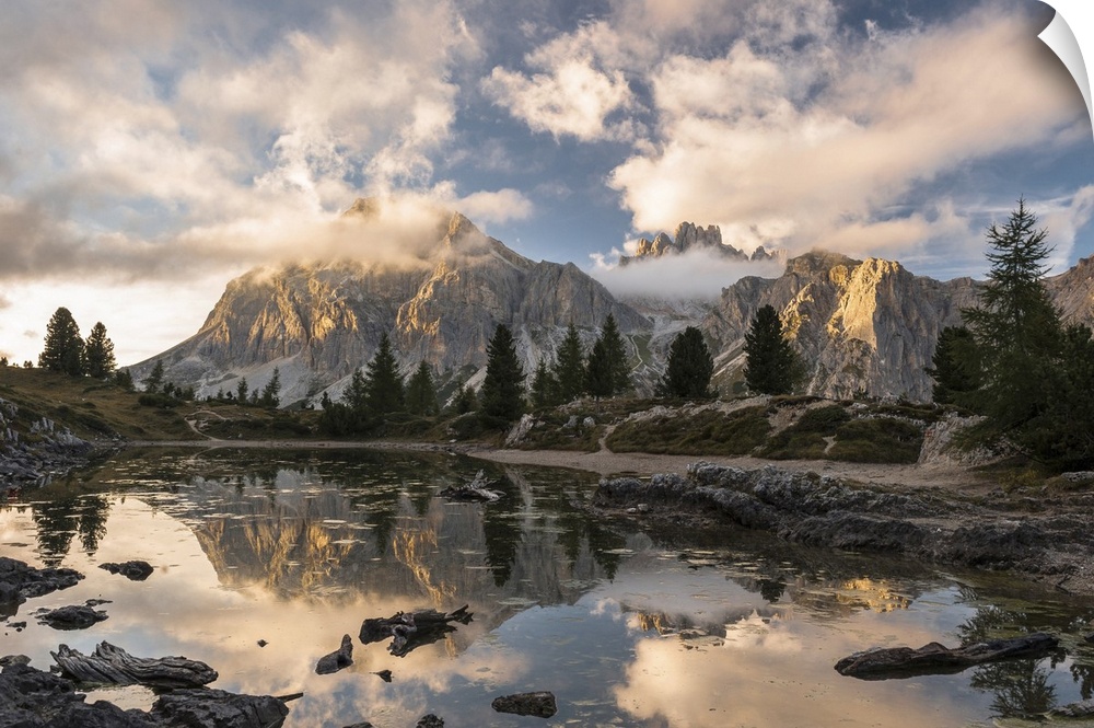 Limides Lake at sunset with Lagazuoi on the background. Belluno, Veneto, Italy.