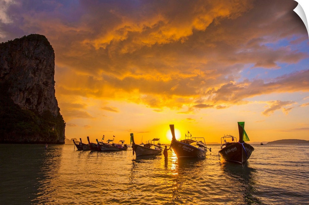 Longtail boats on West Railay beach, Railay Peninsula, Krabi Province, Thailand.