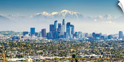 Los Angeles Skyline And Snow Capped San Gabriel Mountains, California, USA