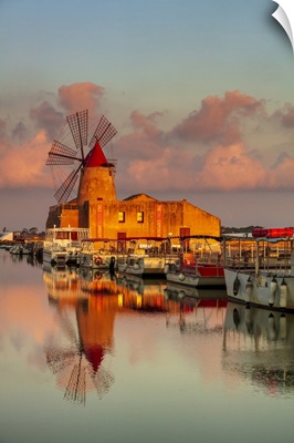Marsala, Sicily, Windmills Reflecting At Sunrise In The Saltern