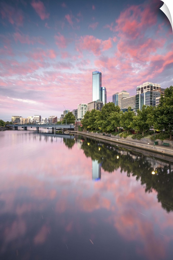 Melbourne, Victoria, Australia. Yarra river and city at sunrise, with RIalto towers on the right