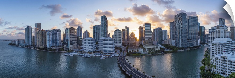 View from Brickell Key, a small island covered in apartment towers, towards the Miami skyline, Miami, Florida, USA.