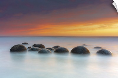 Moeraki Boulders Rock Formations By The Sea At Sunrise, Otago, New Zealand