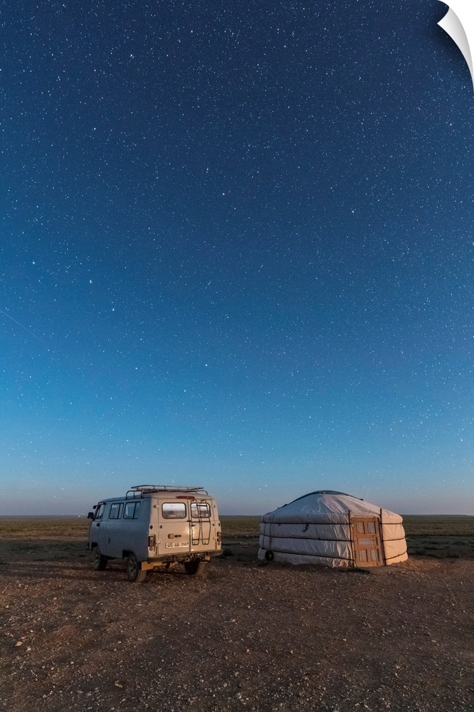 Mongolian Traditional Ger And Soviet Minivan Under A Starry Sky. Ulziit, Middle Gobi Province, Mongolia.