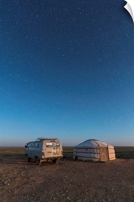 Mongolian Traditional Ger And Soviet Minivan Under A Starry Sky, Ulziit, Mongolia
