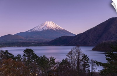 Mount Fuji And Lake Motosu At Dusk, Yamanashi Prefecture, Japan