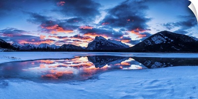 Mt. Rundle Reflecting In Vermillion Lakes At Sunrise, Banff National Park, Canada