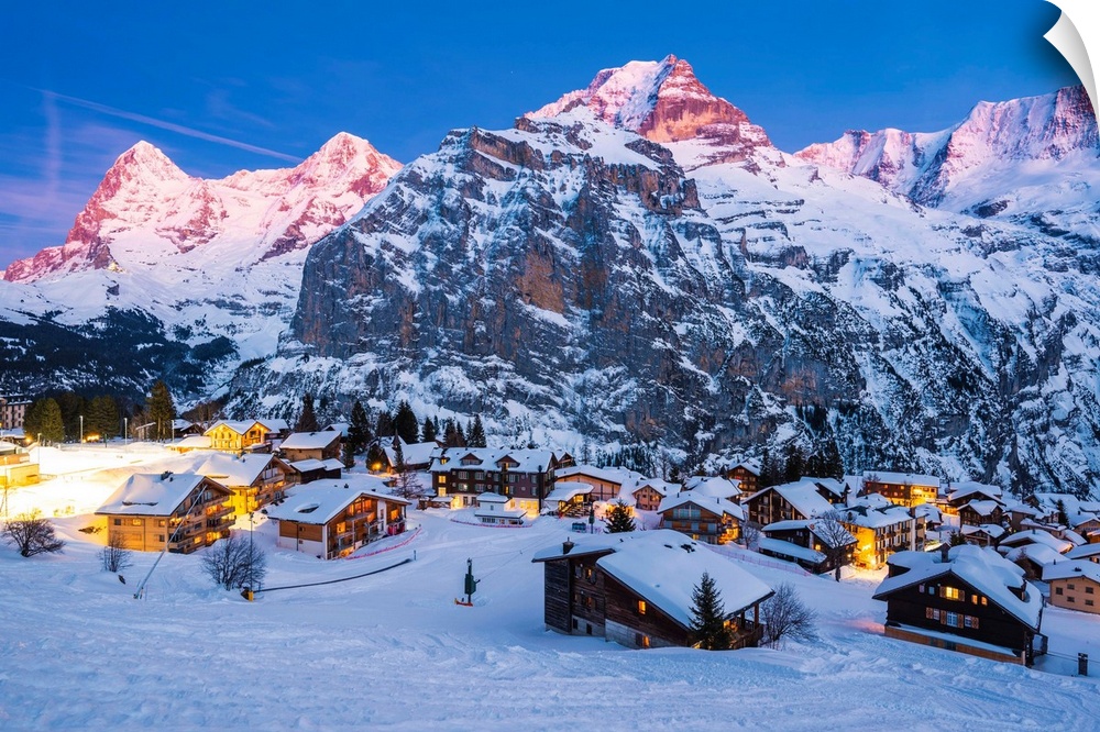Murren, Berner Oberland, Canton Of Bern, Switzerland, The Village With Eiger, Monch And Jungfrau In The Backdrop At Dusk.