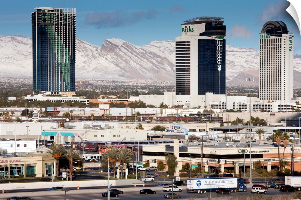 USA, Nevada, Las Vegas, view west of Interstate 15 showing snow on mountains, morning